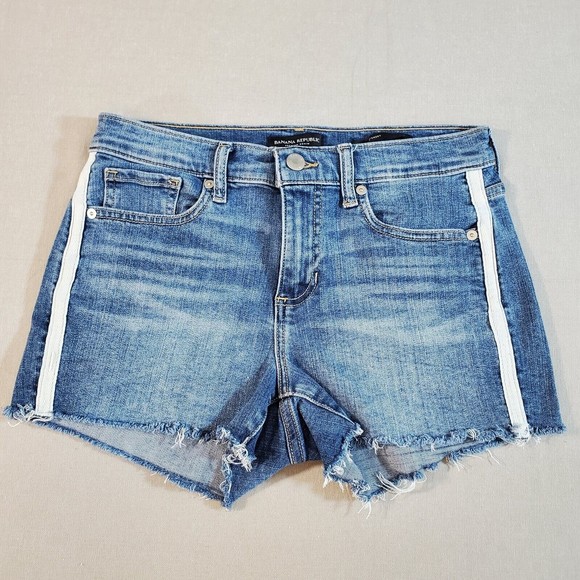 Banana Republic Mid-Rise 3" Jean Shorts Medium Wash Denim Stretch Stripe Size 26 - Picture 1 of 12